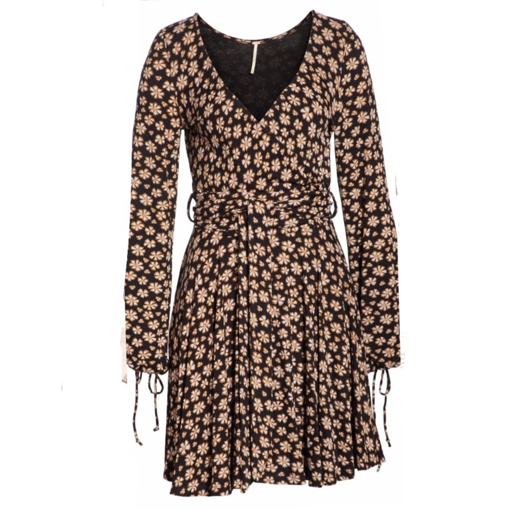 Free People Black Mini Dress with Tan Floral Print